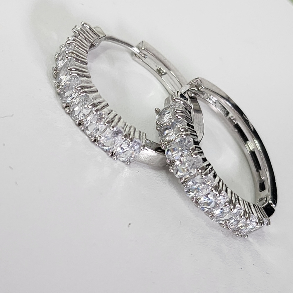 Silver with Crystal Stones Large Huggie Hoop Earrings New